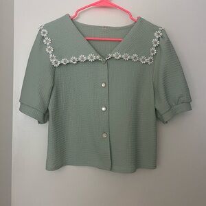 Korean Women's Green Floral Embellished cute blouse